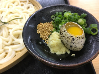 きたのうどん - うずらタマゴと細ねぎ、炒りごま、生姜