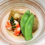 新ばし 星野 - 炊き合わせ：賀茂茄子、千石豆、海老