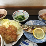 ささら - 魚フライ アジ塩焼き 焼きナス 
      イカゲソぬた 水菜からし和え