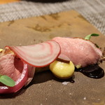 RESTAURANT hidamarino - ●河内鴨のロースト コルトのソース スイートコーンのピューレ 醤油バターのパウダー