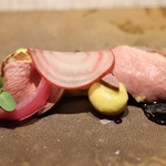 RESTAURANT hidamarino - ●河内鴨のロースト コルトのソース スイートコーンのピューレ 醤油バターのパウダー