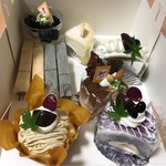 松声堂 川之江屋 - モンブラン、紫芋のロール、チーズケーキプレーン、抹茶、コーヒーゼリー、ダブルフロマージュ、ナッツのロール、新宮茶のロール