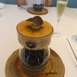 ル・ミュゼ - 白樺の木の蓋の上には、サブレと黒トリュフが・・・フラスコの中のトリュフコロッケを探すところから料理が始まります