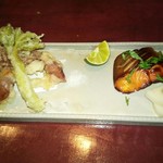 りょうりや 御旅屋 - ホタルイカと山菜の天婦羅　さくらますの木の芽焼