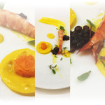 エクロール - 2017/6再々訪。足赤エビ、にんじんのエスプーマ、バルサミコをキャビアに仕立てて。足赤エビ、立派です。