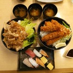すしはうす - メガ焼肉丼＋エビフライ丼5本大盛り＋寿司ランチA