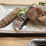 たこつぼ - 鰈身と縁側、ひらそ、真鯵、茹蝦蛄