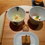 六雁 - 長芋そうめん、丸茄子の軽い田楽、ハトシ