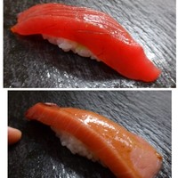 鮨おかだ - ◆上：壱岐の鮪「赤身」・・２週間寝かせてありますので、赤身本来の旨みを感じ美味しい。 ◆下：同じ鮪の「中トロ」・・このねっとりした食感と脂、秀逸でしょう。
