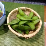 福ちゃん寿し - 枝豆
                                大将とお姐さんと乾杯した瓶ビールに付いていたものと思われる。