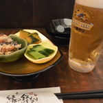 縁の鈴なり - 生ビール＆お通し三種盛り