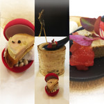 エクロール - かわいらしいリンゴ型の器、ブリオッシュ生地にリンゴのタタン、フォアグラのテリーヌ。切り株に稚鮎のフリット、スプーンに鮎のパテ、スイカのジュレと果肉。鮎といえばスイカの香りがするお魚ですね。