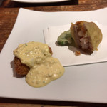 ヒラメのタルタルソースと天然エビのレンコンはさみ揚げ