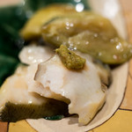 うを徳 - 2017.7 千葉大原メガイアワビ（蒸し鮑）、熊本焼き茄子揚げ煮