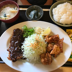 ワタライ食堂 - ランチセット ミソバラ+唐揚げ 白味噌汁