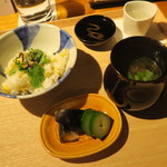 まる富 - 29年7月　食事　とうもろこし炊込みご飯、香の物、味噌汁