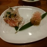 茄子のおひたしと鶏のタタキ