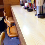 ポパイ - 店内中央から左に位置する6人掛けカウンターと、右奥にテーブル席が2組みある。エアコンは左の窓側に設置されているので、暑がりの人は、写真に写っているカウンターの左側の席を狙うと良い(空いて入れば)。