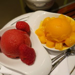 70233672 - homemade sorbets with raspberry and mango