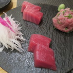 お造り3種盛(赤身、中ﾄﾛ、ﾈｷﾞﾄﾛ)