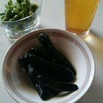 岡田の仙台長なす漬本舗 - 長なす漬と枝豆とビール。