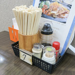 角屋食堂 - 卓上の調味料にもレトロ感。この日は7番テーブル。