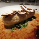 銀座 レカン - ハモとホタテのクネル　フレッシュマッシュルームのデュクセル　ヴァンブランソースのグラティネ　ほうれん草