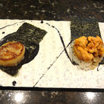 鉄板焼 花 - 焼きうにとホタテ磯辺焼き。