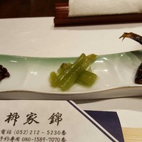 柳家錦 - つき出し(蜂の子、わさび菜、鮎甘露煮)