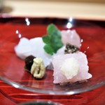 銀座 しのはら - 造り　まこがれい　鱧の落とし（キャビアと鱧の子乗せ）　あおりいか