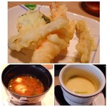鮨・日本料理 暦 - この3種はスタッフの方にお願いすると提供されます。 ◆天ぷら・・「海老」「白身魚2種」「茄子」など。揚げたてですので、美味しい。 他の揚げ物としては「鶏のから揚げ」などもカウンターに並べられていました。 ◆赤だし。 ◆茶碗蒸し・・基本的な具材が入り美味しい。