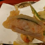 みこころや - 揚物：海老しんじょう、蓮根、満願唐辛子