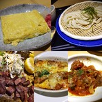 Oudonya Rurio - （左上）だしまき￥540（右上）ざるうどん￥650（左下）コロコロ牛タンの塩焼き￥1,300（下中）トリッパのトマト煮込みのチーズ焼き￥720（右下）牛すじのトマト煮￥640