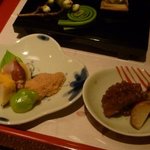 野菜割烹 あき吉 - うるい、蛍烏賊の辛子酢味噌和え,鯛の子旨煮,玉子真丈,飯蛸旨煮