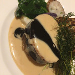 マッシュルーム - 大アナゴと鶏ムースのルーロー ベルモットとバルサミコの二色のソース 秋田十条舞茸のグリエ添え