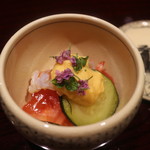 御幸町 田がわ - 酢肴　車海老　ズッキーニ　トマト　黄味酢