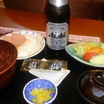 ふじの花 - ハムエッグ定食(朝食)＋瓶ビール追加