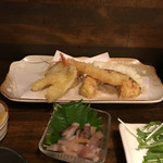 天ぷら 飛鳥 - きす、海老、かぼちゃ イカのゆず塩から