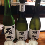 静音 - ３種類の飲み比べ：左から雁木　純米吟醸、獺祭　磨き三割九分、獺祭　大吟醸