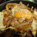 Sumibiyakinikuhorumonkakarichoukyoubashi - 肉盛り月見丼アップ