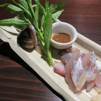 たでの葉 - 天然鮎のお造り 正肉と背ごし 肝醤油で2