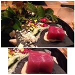 東 - ＊冷燻されたマグロに胡麻のソースと胡麻パウダー キレイな「鮪」でもちろん美味しい。冷たい食感の胡麻パウダーもいい味わい。