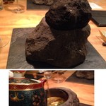 東 - ◆阿蘇の溶岩で作った器。頂く直前にコンソメスープが注がれます。