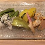 うを徳 - 丹波 黒豆の枝豆 + 京都 鹿ケ谷南瓜 + 余市 鮟肝 燻製 + 釧路 煮牡蠣 + 京都 賀茂茄子