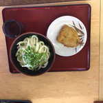 まいどまいど - しょうゆうどん  冷や 大 味の素をたっぷり掛けてその上にネギをいっぱい乗せて［ネギうどん］とアジフライ