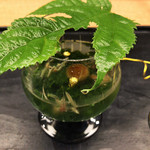 白 - 1.水辺の蛍(蓋は梶の葉)【室生川と蛍を表現】(冷製鮪出汁/モロヘイヤ/ジュンサイ/茶豆)