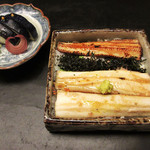 白 - 4.凌ぎ: 穴子ちらし 泉州水茄子(穴子ツメと白焼き/白飯/水茄子半日漬に辛子/茗荷/マイクロ胡瓜)(2017.7月夜)