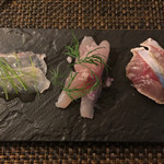 サラマンジェ ド ヨシノ - 鬼カサゴ、カンパチ、さばの三種盛