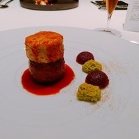 Takumi - 鴨のハンバーグ フォアグラのかぶら蒸し 鴨のソース　黄ワイン風味 玉ネギのタタン風 裏ごしした枝豆とコリアンダーシード