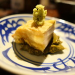 鮑の天ぷらに肝バターソース